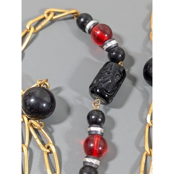 Cadoro Vintage Gold Tone Necklace Black Red Glass Lucite Long Opera Length 54" - Picture 7 of 9